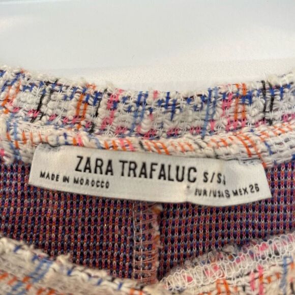 Zara White Multicolor Pastel Tweed Fringe Frayed Hem Pearl Button Shift Dress S - Picture 5 of 7